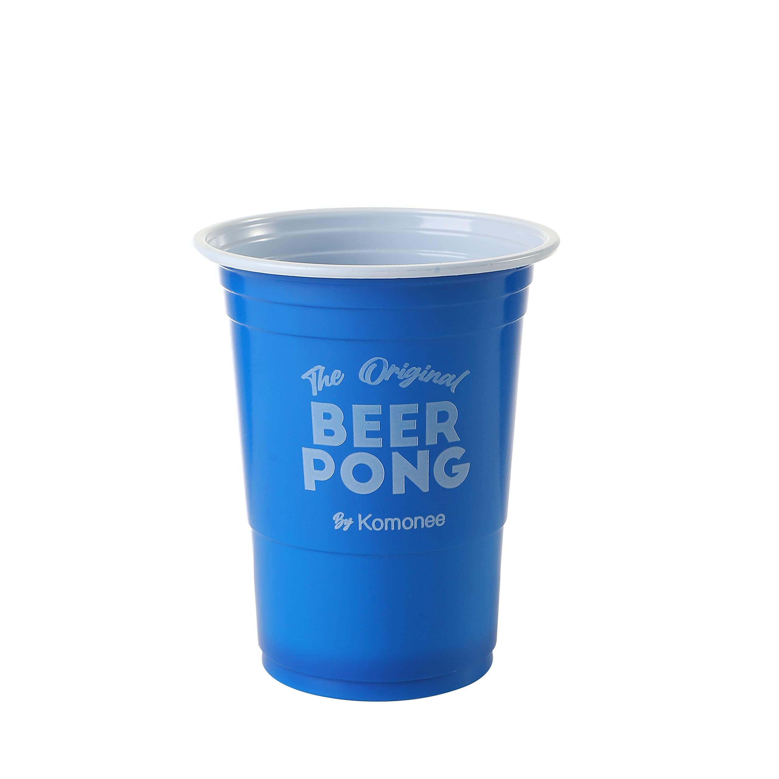 Komonee Beer Pong Novelty Can American Adult Indoor Party Drinking Game Including 12 Printed Wide Rimmed Red and Blue Re-usable Cups and 12 High Bounce ABS Orange Balls