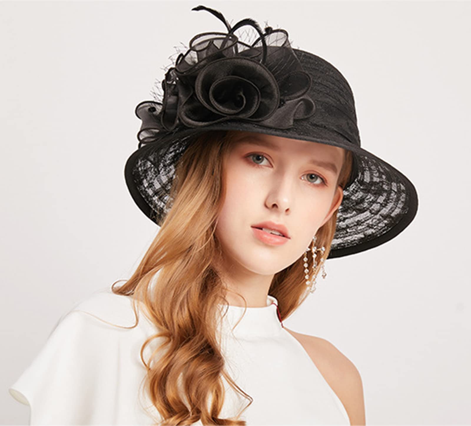 ORIDOOR Women's Organza Cloche Bowler Hat Church Kentucky Derby Fascinator for Tea Party Bridal Wedding Dress Hat (012C Black), One Size