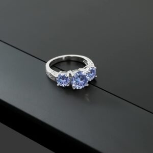 Gem Stone King 925 Sterling Silver Round Blue Moissanite 3 Stone Ring For Women (3.50 Cttw, Available In Size 5, 6, 7, 8, 9)