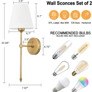 Bsmathom Wall Sconces Sets of 2, Classic Brushed Brass Sconces Wall Lighting, Hardwired Bathroom Vanity Light Fixture with Fabric Shade for Bedroom Living Room Hallway Kitchen, Gold