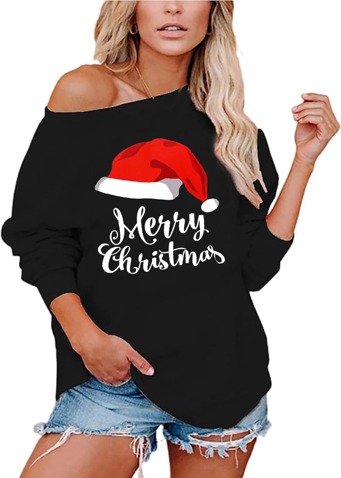 Roshop Womens Off Shoulder Merry Christmas Long Sleeve Sweatshirt CHT XL