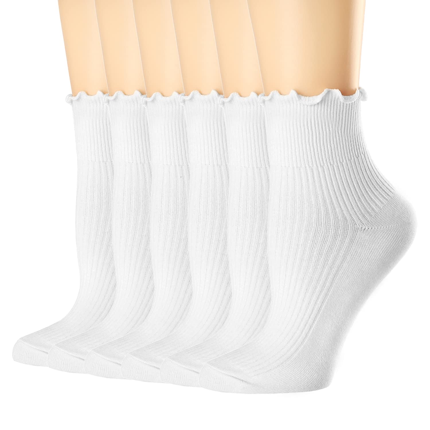 Mcool Mary Women's Ruffle Socks,Casual Cute Ankle Socks Comfort Cool Cotton Knit Lettuce Frilly Crew White Socks for Women 6 Pack