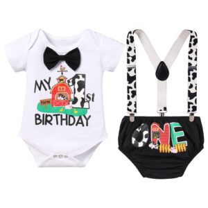 baby boys farm animals themed 1st birthday cake smash outfit bowtie romper + suspenders + shorts cow boys clothes set, white - my 1st birthday, 12-18 months