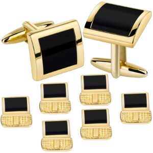 HAWSON Cufflinks and Studs for Men-Mens Fashion Cufflinks and Tuxedo Shirt Studs Set for Regular Wedding Business Accessories (Gold +Black Enamel)