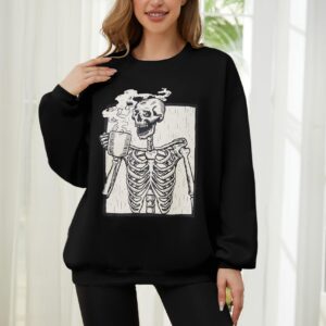 Meladyan womens Halloween Skull Graphic Print Fleece Oversized Sweatshirt Crewneck Long Sleeve Drop Shoulder Pullover, Classic Black, X-Large