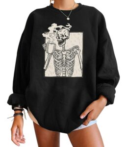 meladyan womens halloween skull graphic print fleece oversized sweatshirt crewneck long sleeve drop shoulder pullover, classic black, x-large