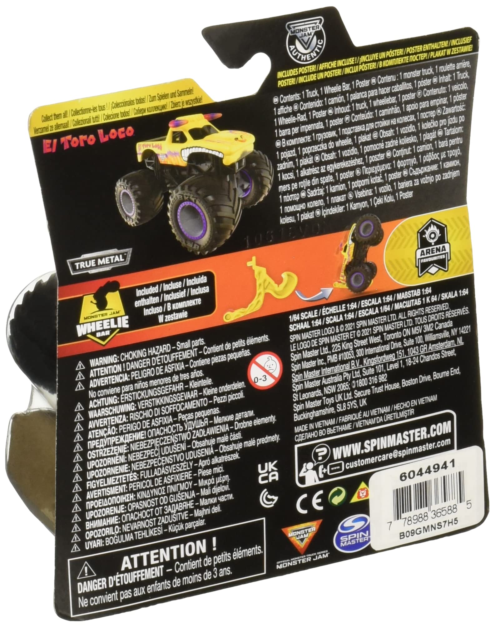 Monster Jam 2021 Spin Master 1:64 Diecast Monster Truck with Wheelie Bar: Arena Favorites El Toro Loco Yellow