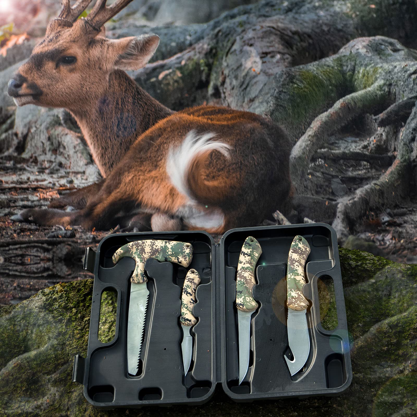 Jellas Hunting Knife Kit, 6 Pieces Stainless Steel Knife Set with Gut Hook, Skinning, Boning, Saw, Gloves & Case for Games, Camping, Fishing, Survival (HF01)