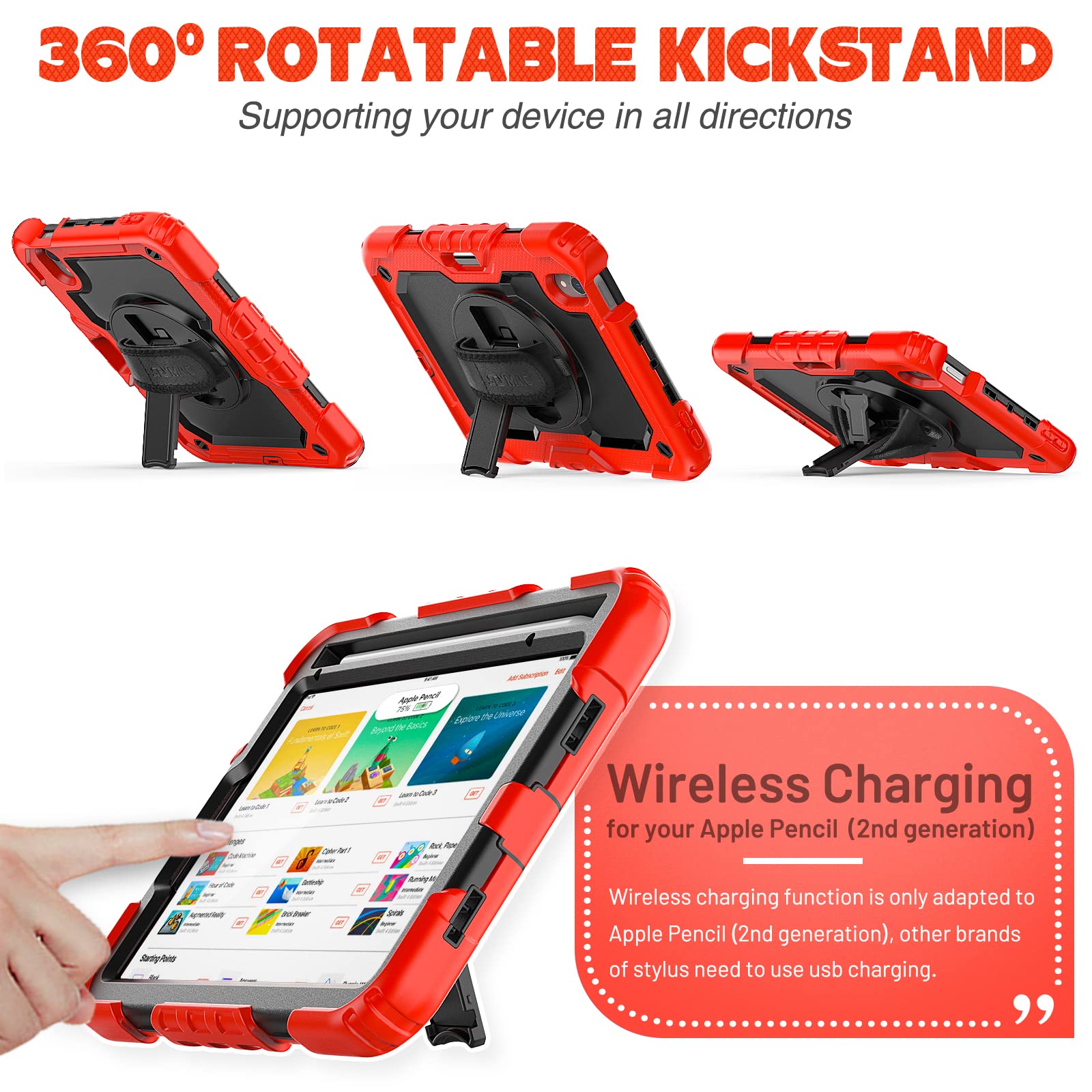 SEYMAC stock Case for iPad Mini 6 8.3'' 2021 with Screen Protector Pencil Holder [360 Rotating Hand Strap] &Stand, Drop-Proof Case for iPad Mini 6th Generation 8.3", Black+Red