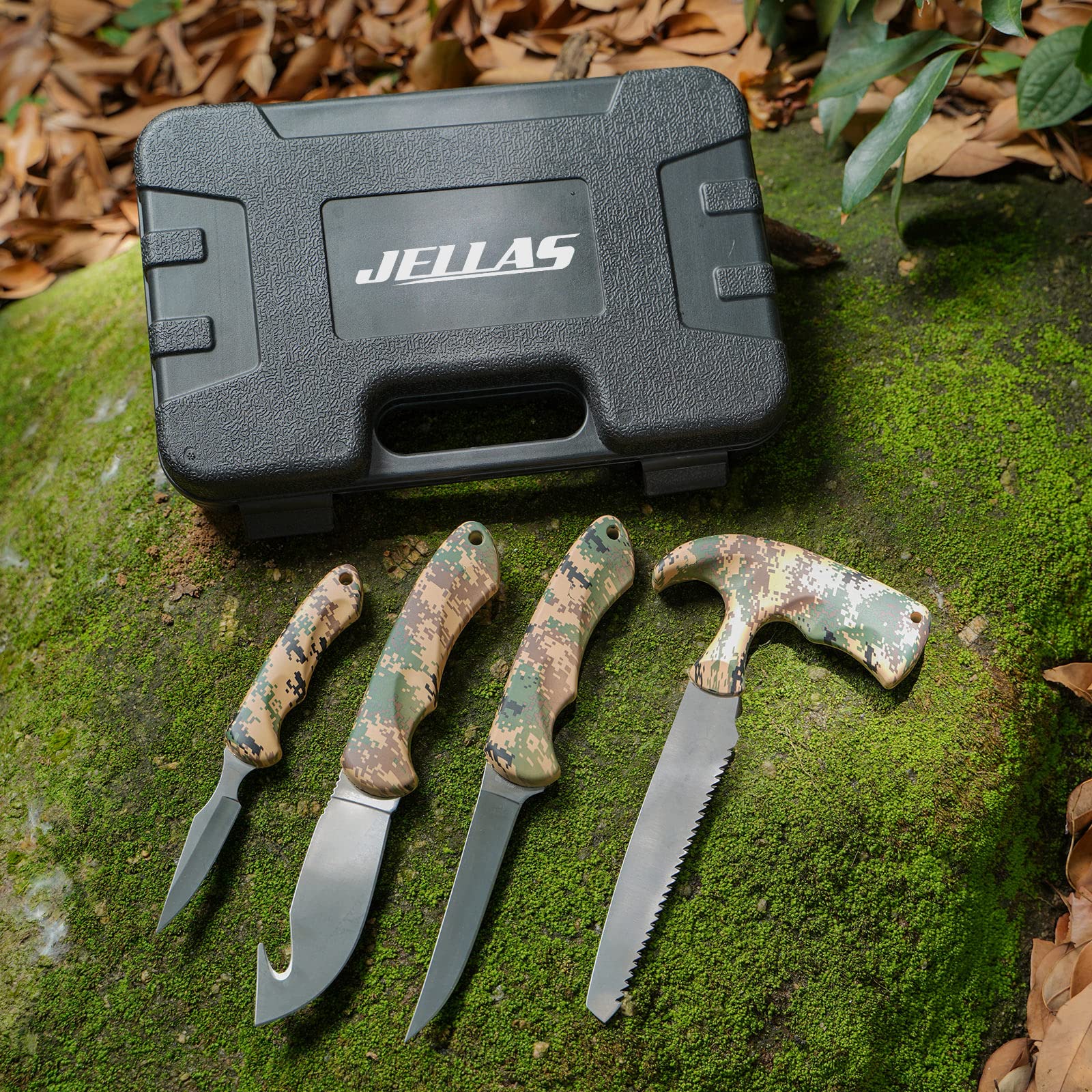 Jellas Hunting Knife Kit, 6 Pieces Stainless Steel Knife Set with Gut Hook, Skinning, Boning, Saw, Gloves & Case for Games, Camping, Fishing, Survival (HF01)