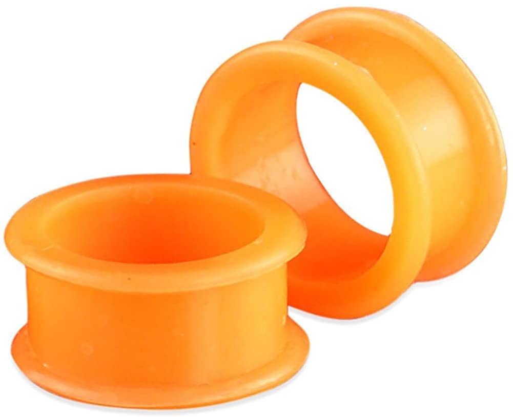 Pair 00G (10MM) ORANGE SILICONE FLAT FLARE TUNNELS Double Flare Gauges Thin Soft Flexible Flesh Plugs (2pcs)