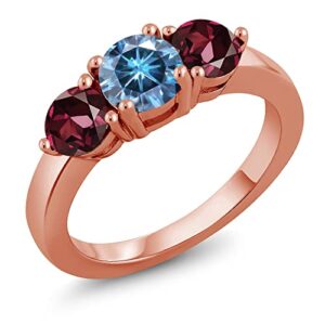 gem stone king 18k rose gold plated silver 3-stone ring round persian blue moissanite and rhodolite garnet red (2.00 cttw) (size 9)