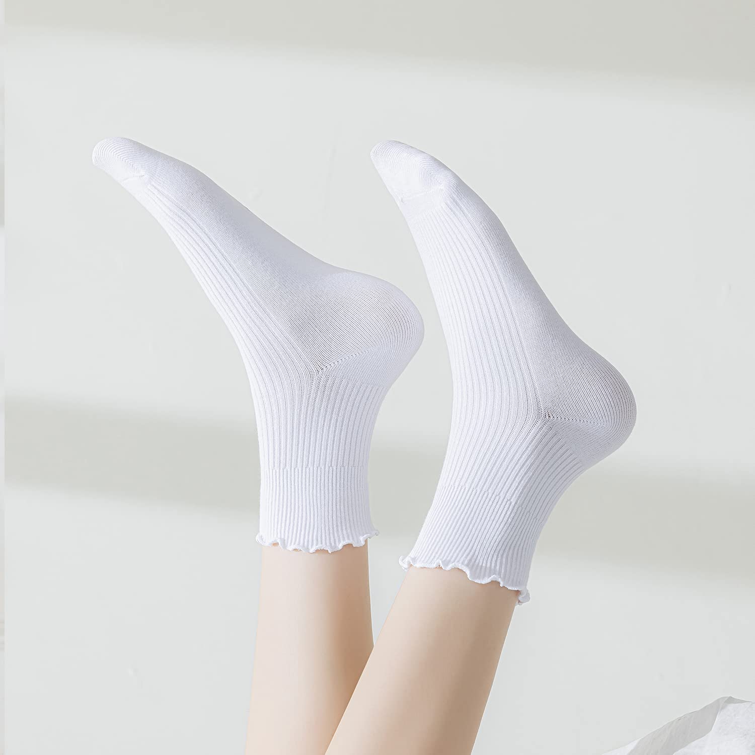 Mcool Mary Women's Ruffle Socks,Casual Cute Ankle Socks Comfort Cool Cotton Knit Lettuce Frilly Crew White Socks for Women 6 Pack