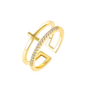 Cross Horizontal Double Line Cubic Zirconia Paved Gold Rings for Teens Girls Women Minimalist Thin Band Hollow Adjustable Hypoallergenic Finger Expandable Sparkly CZ Faith Fashion Statement Wedding