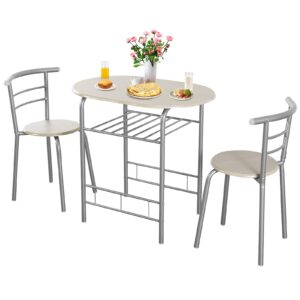 costway 3 piece dining table set for 2, modern round table set with 2 stools, pub table and chairs dining set with built in storage layer, space saving for kitchen, apartment and dining room (gray)