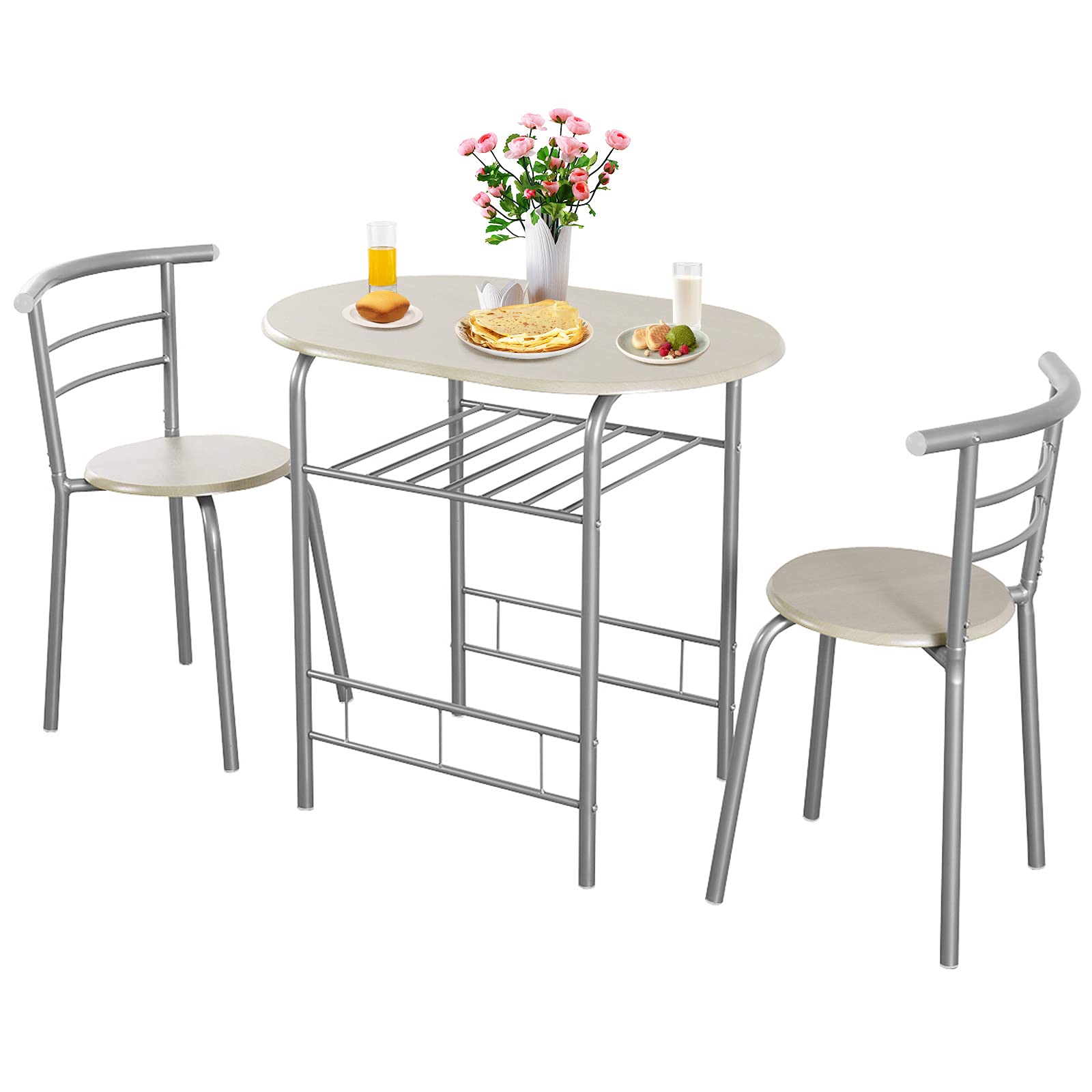 COSTWAY 3 Piece Dining Table Set for 2, Modern Round Table Set with 2 Stools, Pub Table and Chairs Dining Set with Built in Storage Layer, Space Saving for Kitchen, Apartment and Dining Room (Gray)