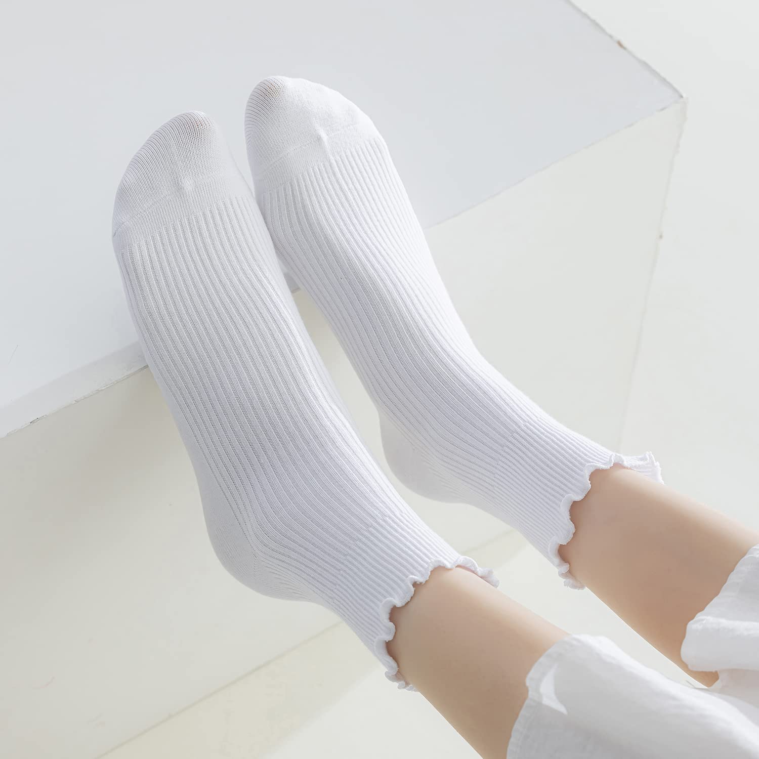 Mcool Mary Women's Ruffle Socks,Casual Cute Ankle Socks Comfort Cool Cotton Knit Lettuce Frilly Crew White Socks for Women 6 Pack