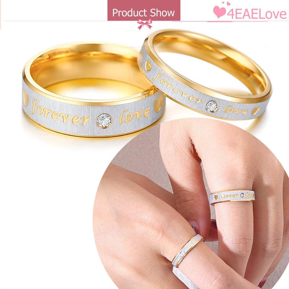 4EAELove Customize Forever Love Promise Couple Rings Inside Free Engraved Cubic Zirconia Rings Wedding Bands Engagement Gifts Titanium Steel Golden (Couple,1 PAIR)