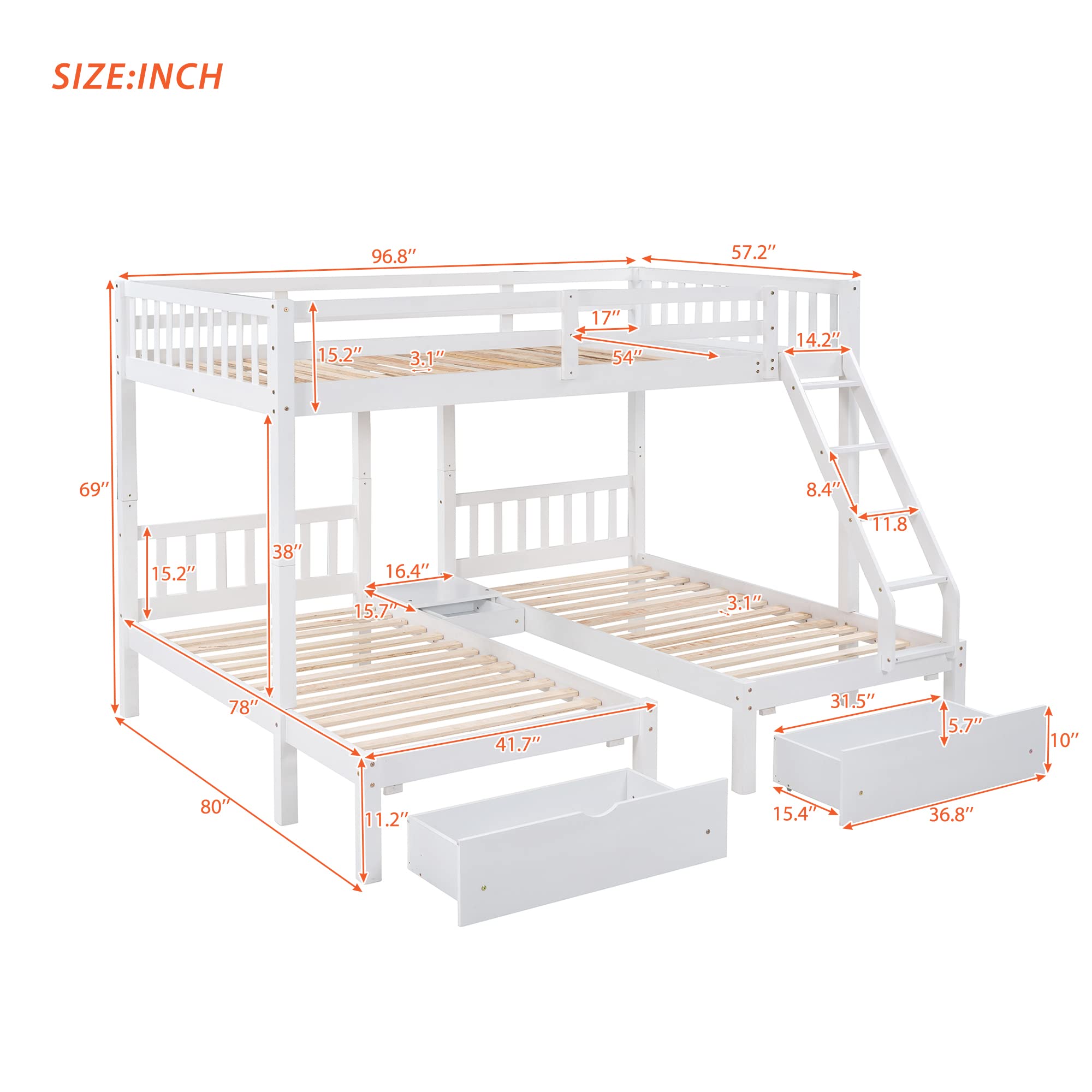 Wood Triple Bunk Bed with 3 Drawers and Guardrails, Full Over 2 Twin Bunk Bed for Family, Teens, No Box Spring Needed