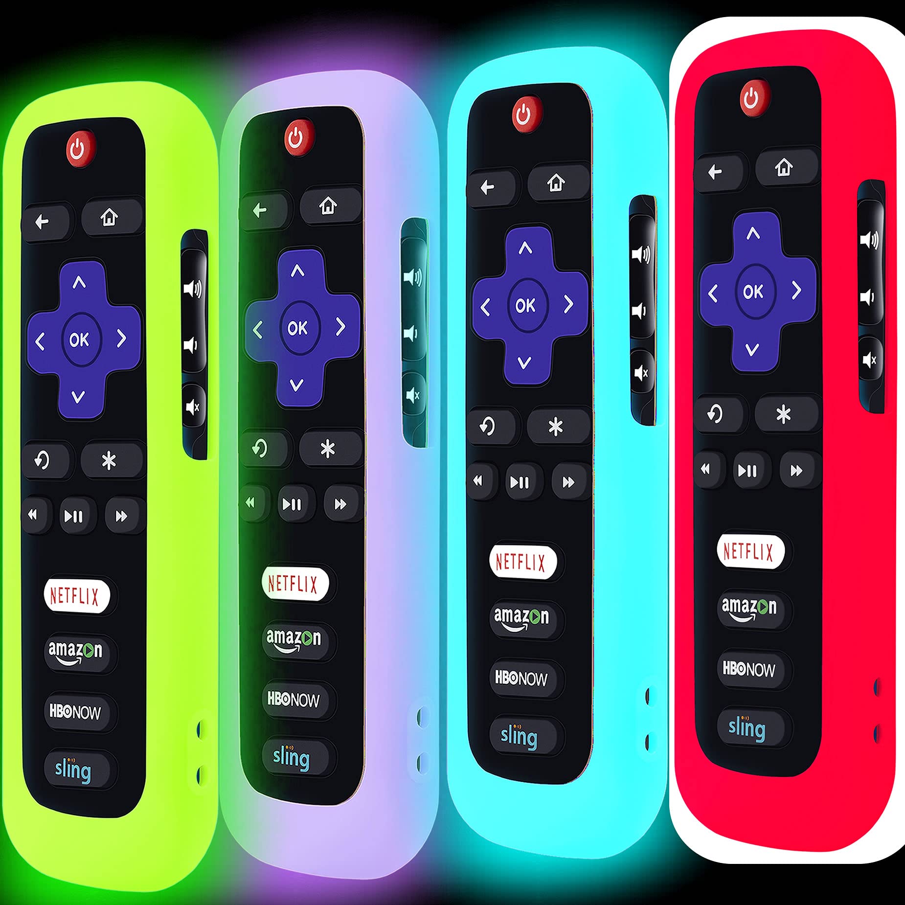 4 Pack Remote Case, Battery Cover for TCL Roku Smart TV Steaming Stick Remote, Silicone Protective Controller Universal Sleeve Skin Glow in the Dark Green Blue Purple Red