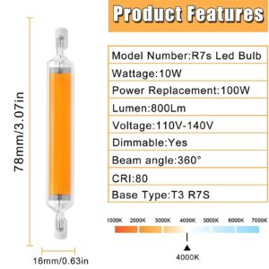 10 Pack 78mm 10W R7S LED Bulbs 100W Halogen Replacement LED R7S Light Bulb J T-Ype T3 Double Ended Work Bulbs for Garage Light Floodlight, Dimmable ,Natural White 4000k