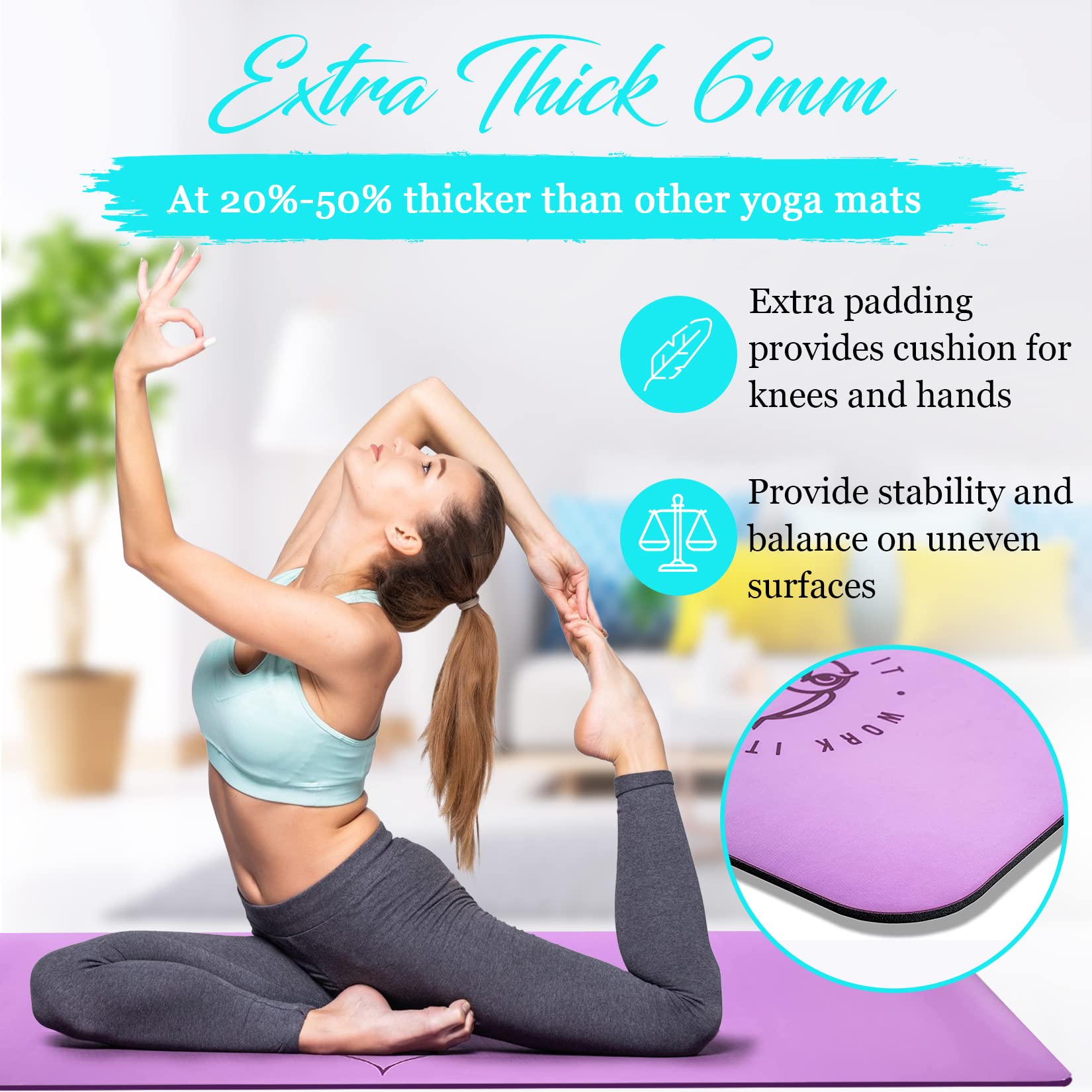 Yoga Mat by Modern Body Extra Thick 6mm for Exercise and Pilates - Purple Elephant- Natural Eco Friendly Rubber, Extra Cushion for Stability and Comfort, Absorbent non-slip grip with 2 carry straps