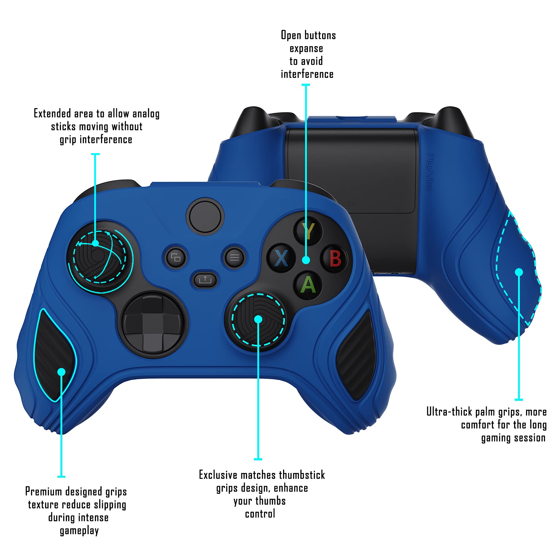 PlayVital Scorpion Edition Two-Tone Anti-Slip Silicone Case Cover for Xbox Series X/S Controller, Soft Rubber Case for Xbox Core Wireless Controller with Thumb Grip Caps - Blue & Black