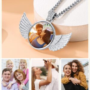 Custom4U Personalized Angel Wings Pendant Neckalce with Picture Inside Custom Photo Necklace Memorial Photo Medallion Chain Hip Hop Jewelry for Men