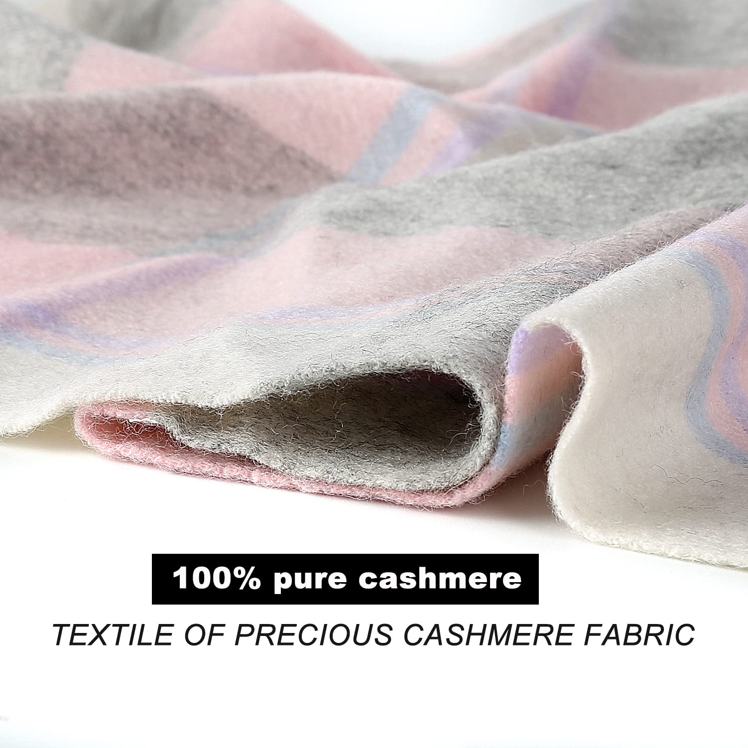 INTE IVE CARE 100% pure Cashmere Scarf with Fringed Edges, Super large size for Men and Women,Warm & Soft,Colors Available in Solid/Plaid (Plaid color&Pink gray)