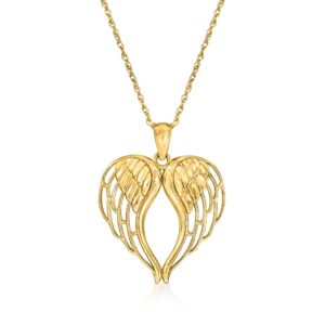 ross-simons 14kt yellow gold angel wings heart pendant necklace. 18 inches