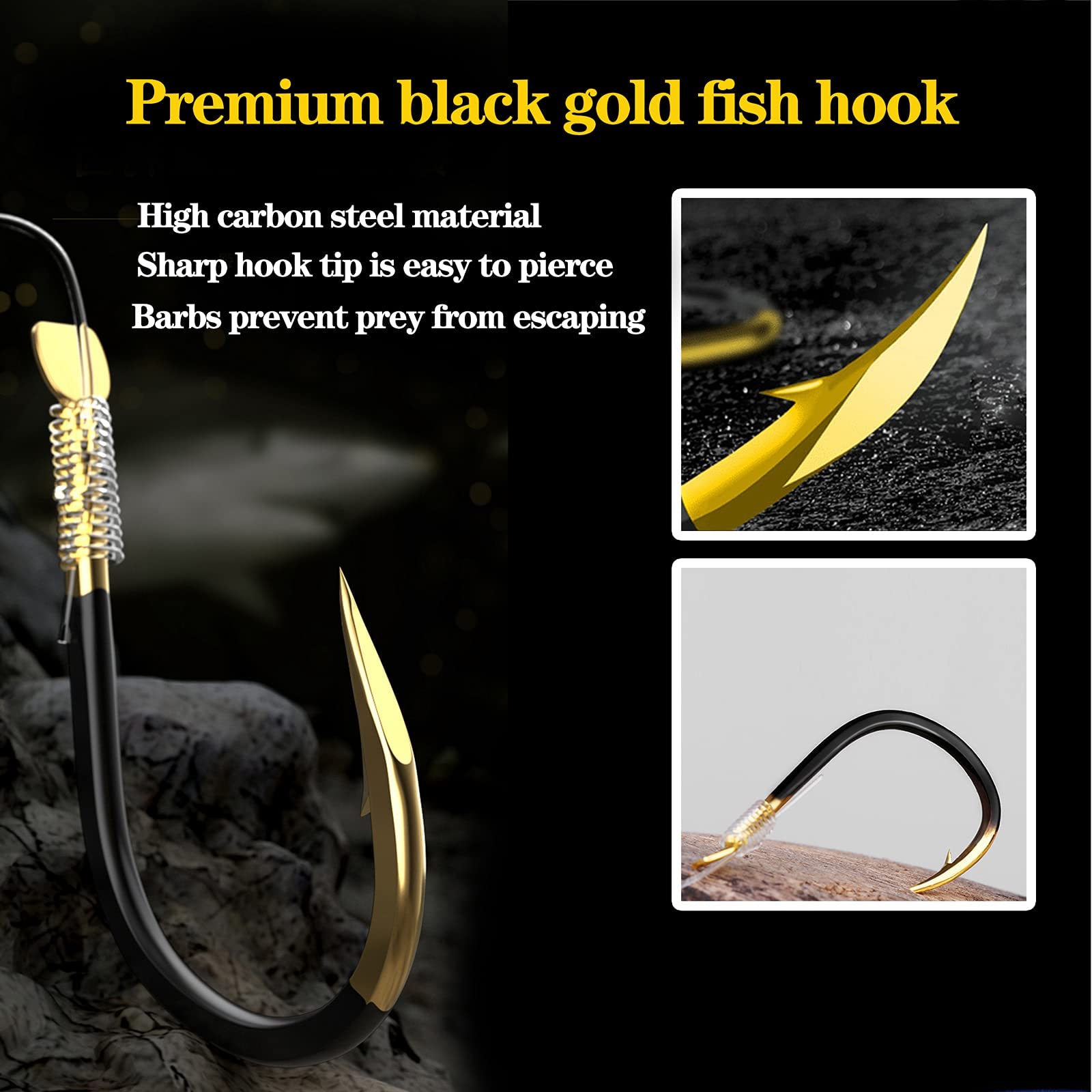 LNOJENR Fishing Hooks with Line, Strong Sharp Double Hook Rigs with Barbs, Pre Tied Fish Hooks Already Tied‑in Fishing Wire/Leader, Black Gold Fish Hook for Freshwater/Seawater (20 PCS), Medium, D10