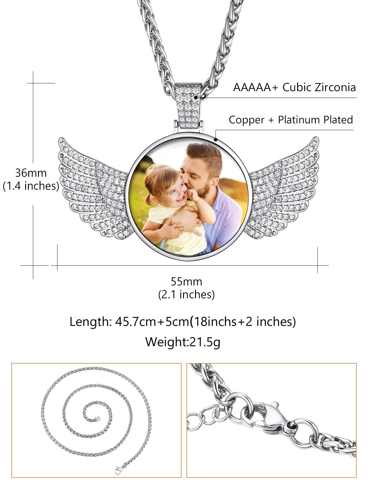 Custom4U Personalized Angel Wings Pendant Neckalce with Picture Inside Custom Photo Necklace Memorial Photo Medallion Chain Hip Hop Jewelry for Men