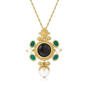 ross-simons italian cultured pearl, black onyx and green agate pendant necklace in 18kt gold over sterling silver