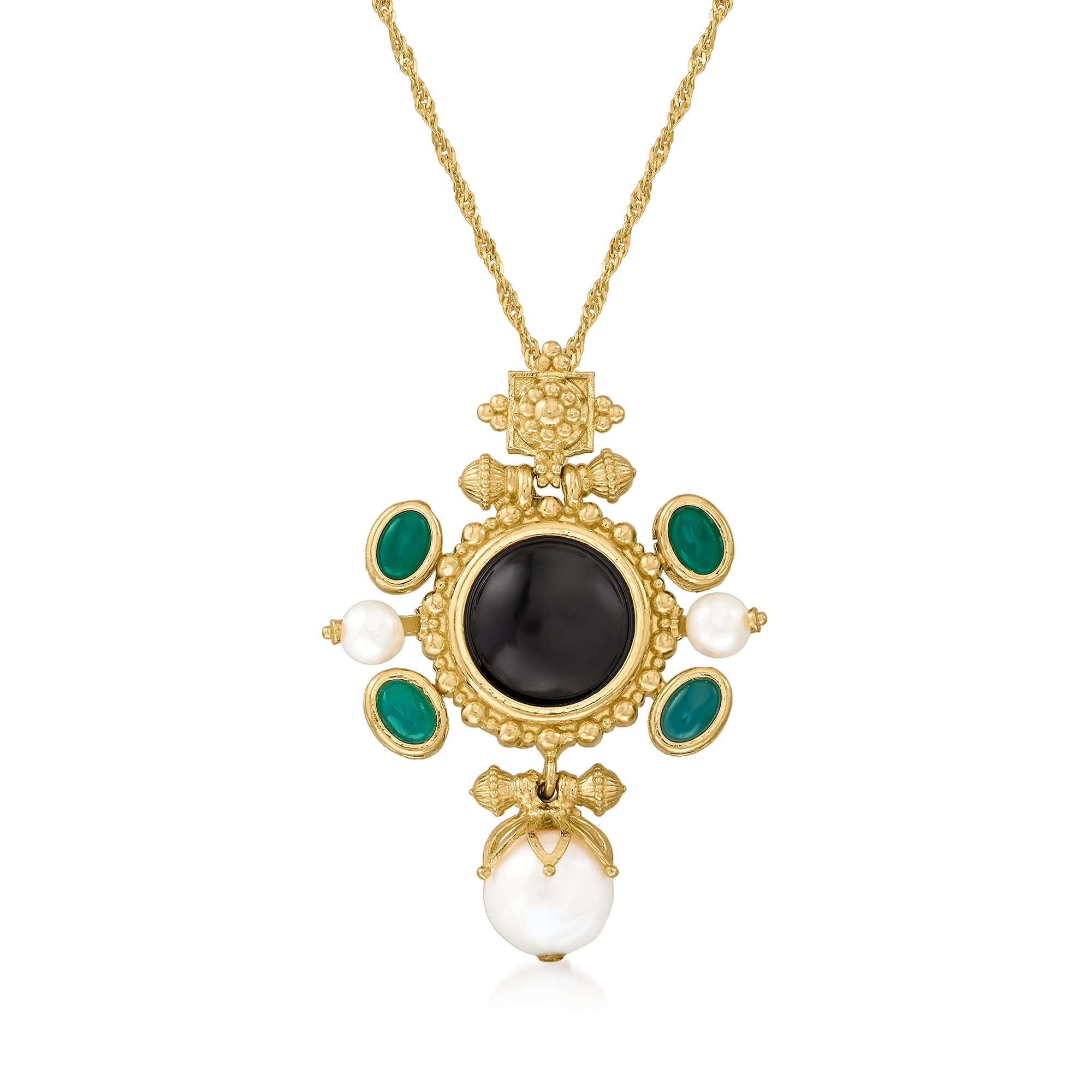 Ross-Simons Italian Cultured Pearl, Black Onyx and Green Agate Pendant Necklace in 18kt Gold Over Sterling Silver