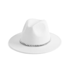 gossifan classic wide brim fedora hat with chain belt buckle - aaa-white