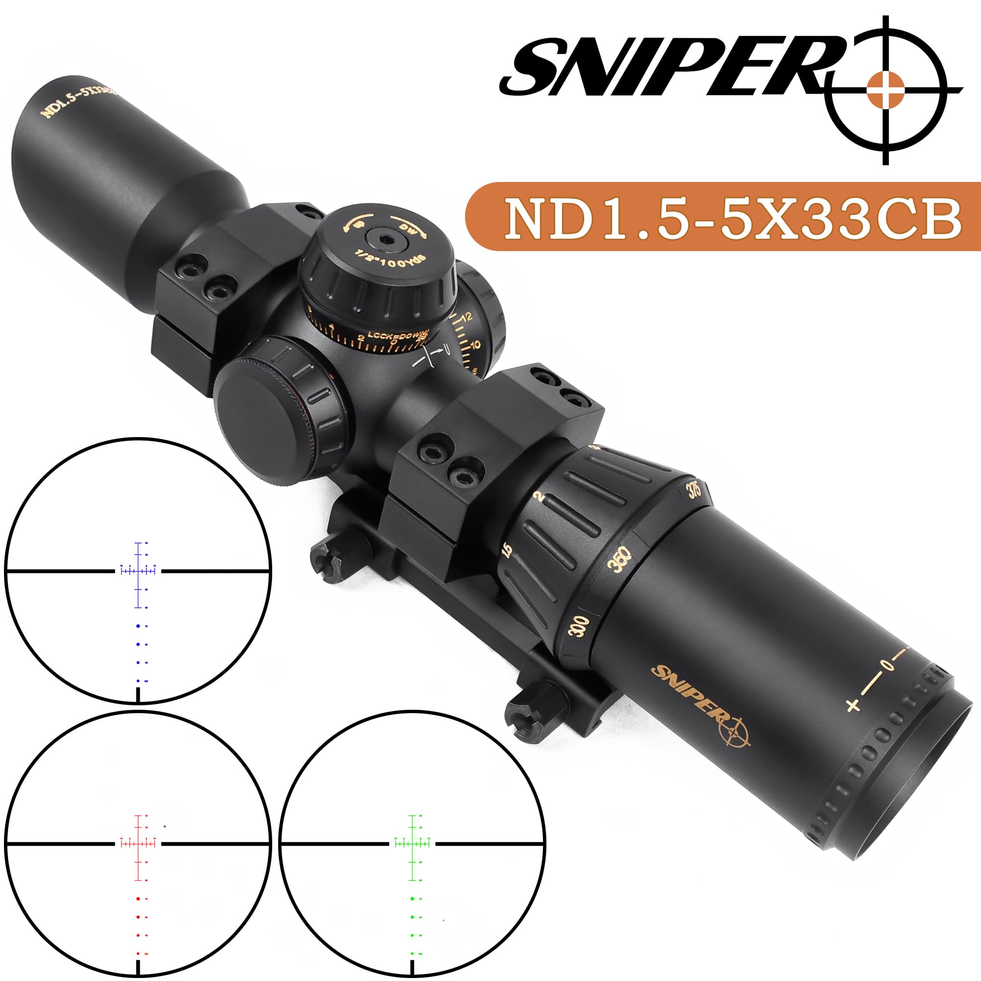 Sniper ND1.5-5X33CB Crossbow Scope 300~450 FPS, 20-100 Yards, R/G/B Illuminated Rifle Scope