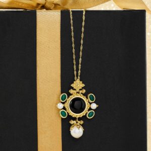 Ross-Simons Italian Cultured Pearl, Black Onyx and Green Agate Pendant Necklace in 18kt Gold Over Sterling Silver