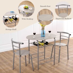 COSTWAY 3 Piece Dining Table Set for 2, Modern Round Table Set with 2 Stools, Pub Table and Chairs Dining Set with Built in Storage Layer, Space Saving for Kitchen, Apartment and Dining Room (Gray)