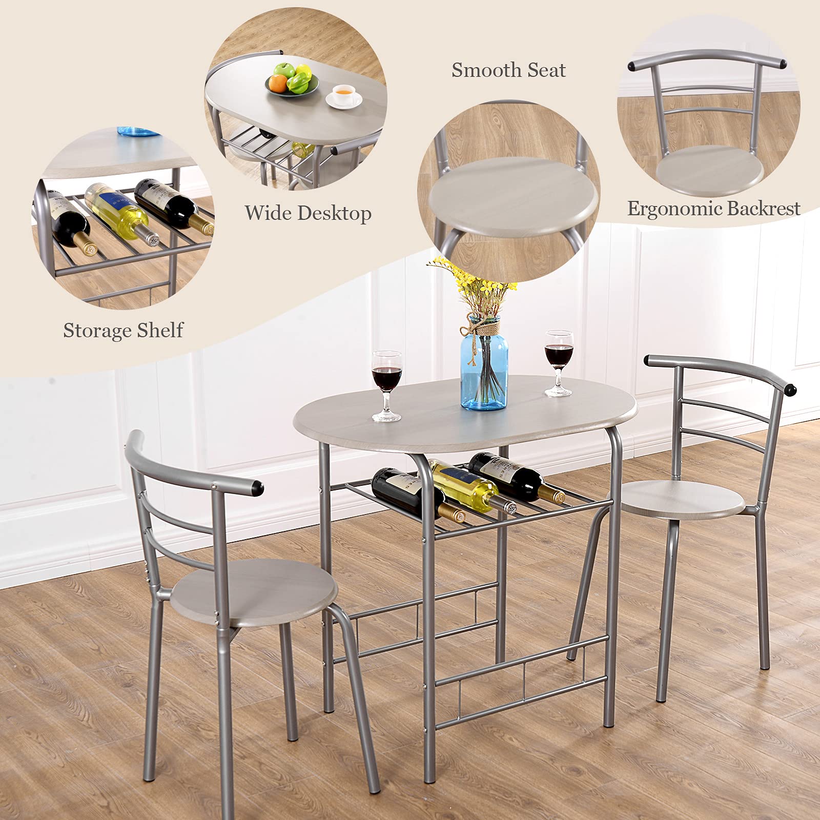 COSTWAY 3 Piece Dining Table Set for 2, Modern Round Table Set with 2 Stools, Pub Table and Chairs Dining Set with Built in Storage Layer, Space Saving for Kitchen, Apartment and Dining Room (Gray)