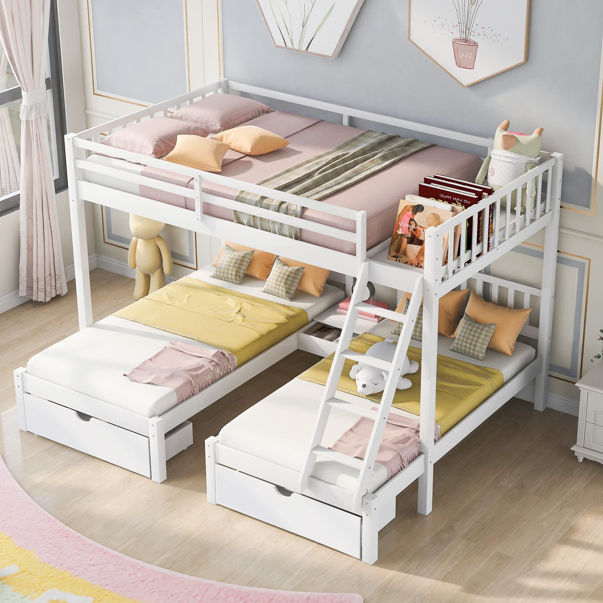 Wood Triple Bunk Bed with 3 Drawers and Guardrails, Full Over 2 Twin Bunk Bed for Family, Teens, No Box Spring Needed