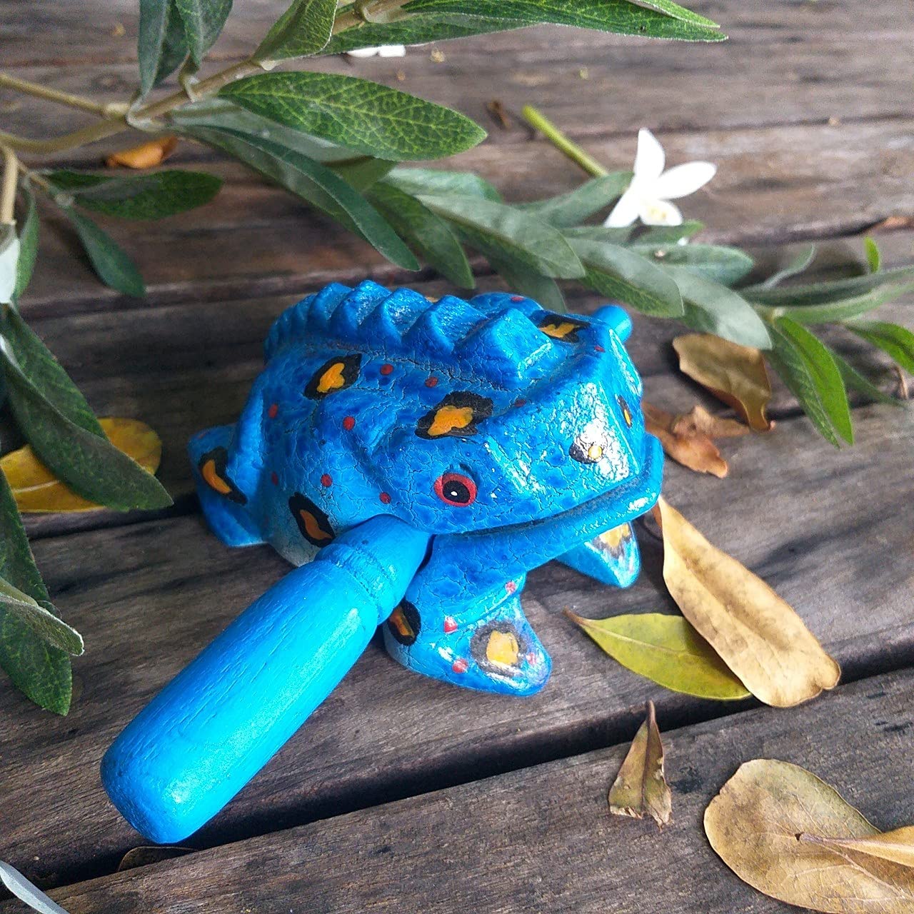 Cozinest 4" Wooden Frog Percussion Instrument Wood Frog Guiro Rasp Tone Block Thailand Handcraft Musical Lucky Frog Home Office Decoration Adorable Gift (Blue)