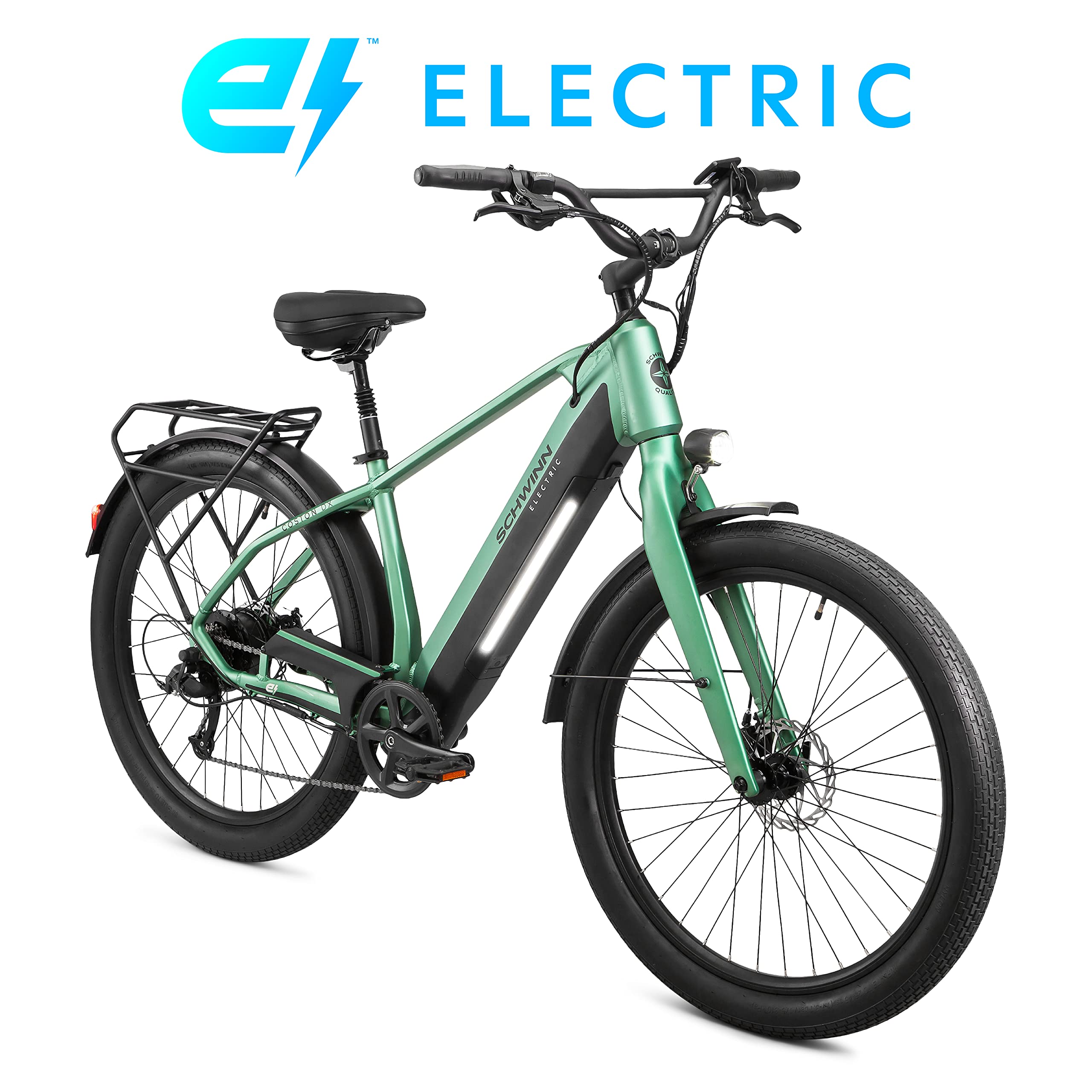 Schwinn Coston DX Hybrid Electric Bike for Adults, 20MPH eBike, Up to 45 miles on a Single Charge, 27.5-Inch Wheels, 7-Speed, Large/X-Large Step-Over Frame, Matte Green