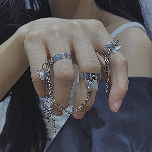 17Pcs Adjustable Punk Chain Rings Set， Vintage Knuckle Gothic Rings Set Alloy Biker Obsidian Chain Open Rings, Stackable Hollow Carved Finger Rings Midi Rings Joint Jewelry for Women (Silver)