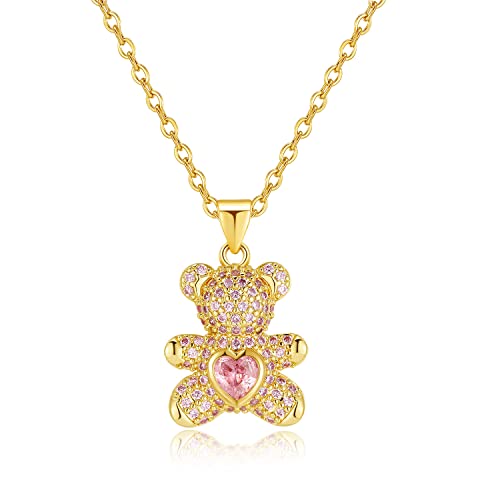 Foruiston Teddy Bear Pendant Heart Crystal Pendant Necklace Cute Animal Jewelry for Women (pink)