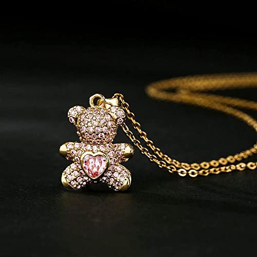 Foruiston Teddy Bear Pendant Heart Crystal Pendant Necklace Cute Animal Jewelry for Women (pink)