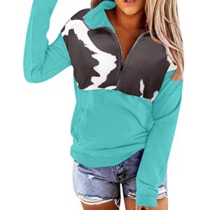 miashui women half zip casual cow print patchwork pullover long sleeve sweatshirt pullover top with pocket (green, m)