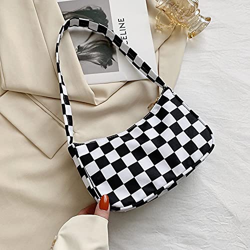 ZEHO Checkerboard Nylon Shoulder Bag Stylish Underarm Handbag Cute Retro Mini Shoulder Bag Trendy Clutch Purse 90s Y2k Bags, Black and White Checkerboard