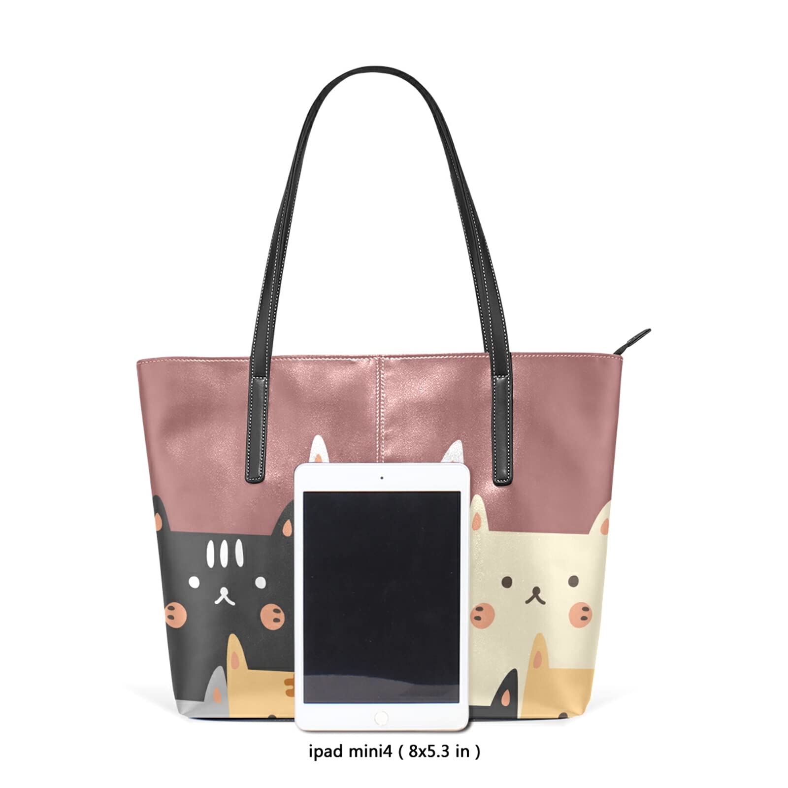 Cartoon Cat Cute Handbags Shoulder Bag Large Leather Tote Bags for Women Top Handle Shoulder Satchel White with Zipper Pocket for Work Travel