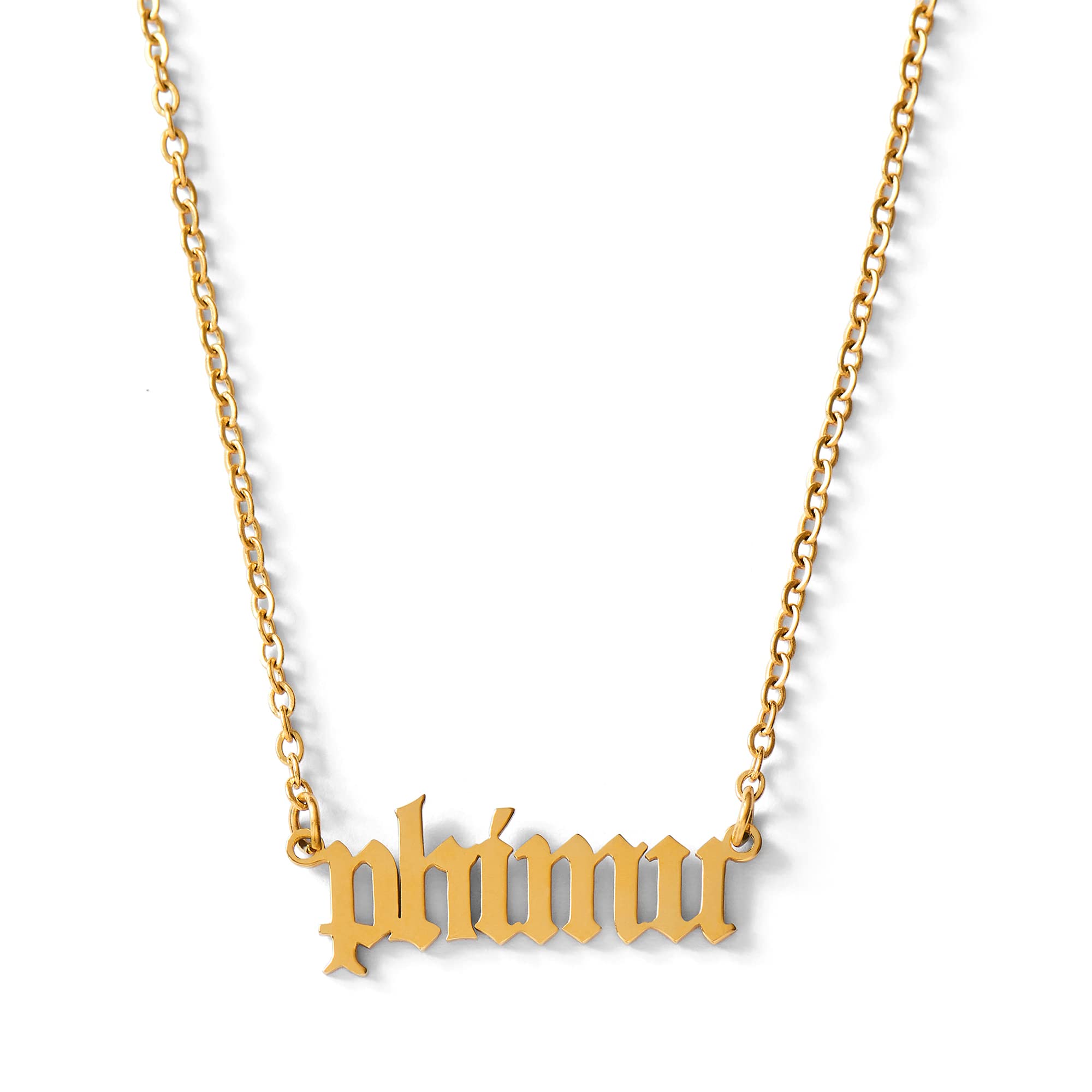 Sorority Shop Phi Mu Necklace — PM Old English Font Design, 18K Gold Plated, Phi Mu Gifts for Women