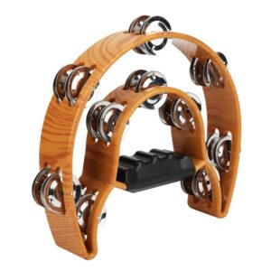 Handheld Tambourine Rattle Double Row Handbell Tambourine Plastic Metal Half Moon Handbell for Musical Education Imitation Wood Color